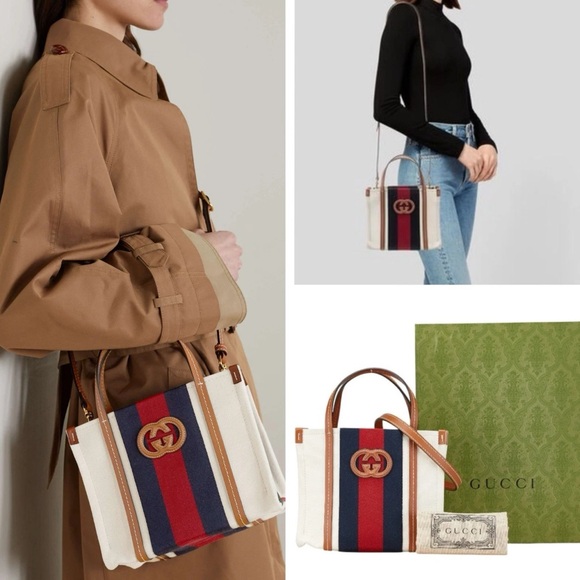 GUCCI GG Interlocking 2 Way Mini Crossbody Tote Canvas Beige/Blue/Red - Picture 1 of 14
